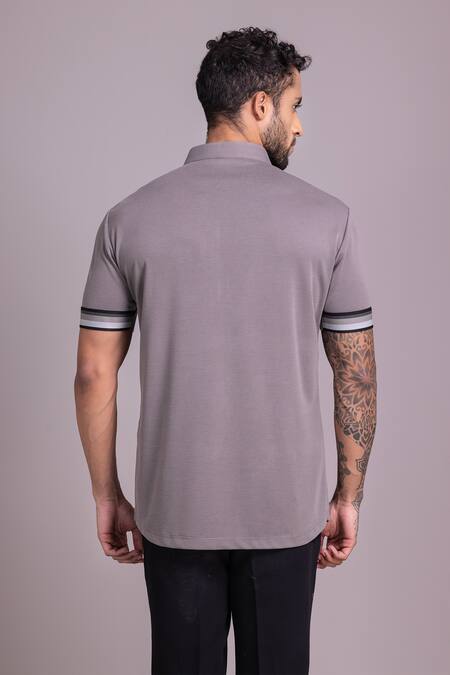 Shop_Amit Arora_Grey Cotton Knit Plain Solid Half Sleeve T Shirt _at_Aza_Fashions