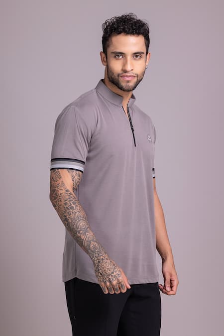 Buy_Amit Arora_Grey Cotton Knit Plain Solid Half Sleeve T Shirt _Online_at_Aza_Fashions