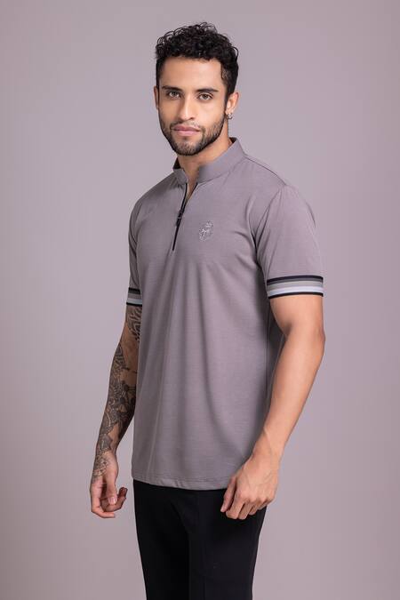 Shop_Amit Arora_Grey Cotton Knit Plain Solid Half Sleeve T Shirt _Online_at_Aza_Fashions