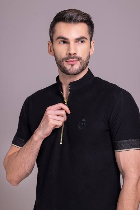 Shop_Amit Arora_Black Cotton Half Sleeve T Shirt _Online_at_Aza_Fashions