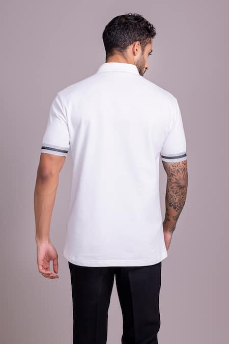 Shop_Amit Arora_White Cotton Knit Plain Half Sleeve Zipper T Shirt _at_Aza_Fashions