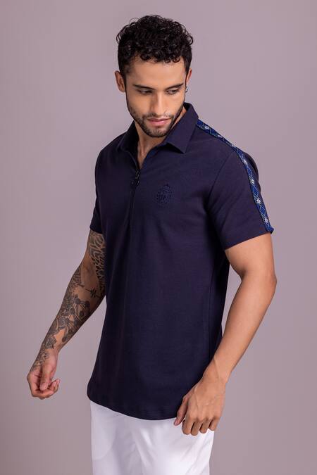 Amit Arora Blue Cotton Solid Zipper T Shirt Online at Aza Fashions Amit Arora_Blue Cotton Solid Zipper T Shirt _Online_at_Aza_Fashions