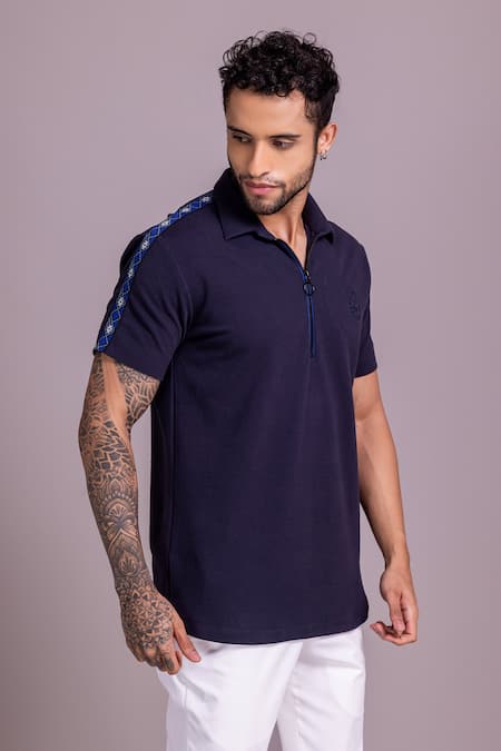 Buy Amit Arora Blue Cotton Solid Zipper T Shirt Online at Aza Fashions Buy_Amit Arora_Blue Cotton Solid Zipper T Shirt _Online_at_Aza_Fashions