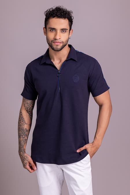 Shop Amit Arora Blue Cotton Solid Zipper T Shirt Online at Aza Fashions Shop_Amit Arora_Blue Cotton Solid Zipper T Shirt _Online_at_Aza_Fashions