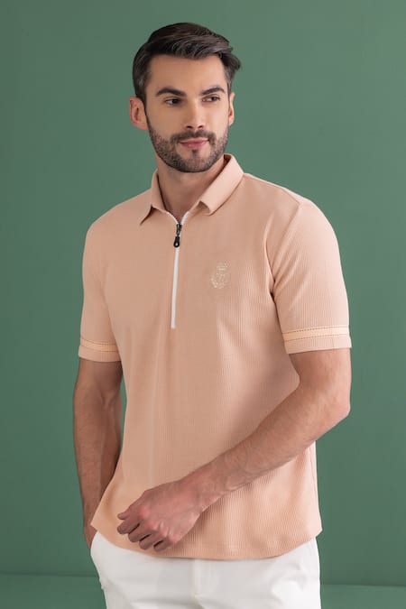 Amit Arora_Peach Cotton Textured T Shirt_Online_at_Aza_Fashions