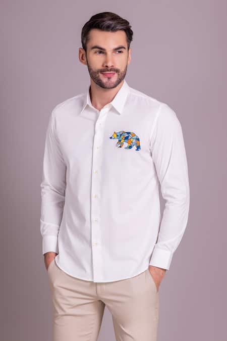Amit Arora White Embroidery Bear Motif Shirt Online at Aza Fashions Amit Arora_White Embroidery Bear Motif Shirt _Online_at_Aza_Fashions