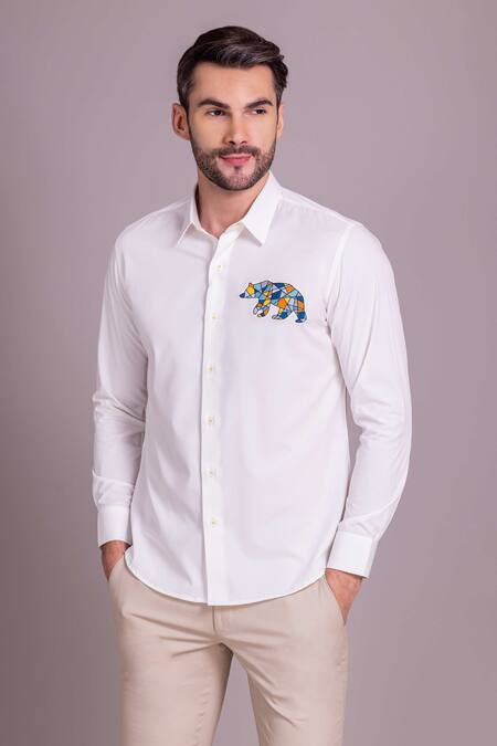 Buy Amit Arora White Embroidery Bear Motif Shirt Online at Aza Fashions Buy_Amit Arora_White Embroidery Bear Motif Shirt _Online_at_Aza_Fashions