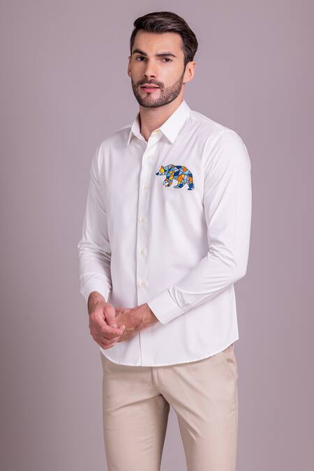 Shop Amit Arora White Embroidery Bear Motif Shirt Online at Aza Fashions Shop_Amit Arora_White Embroidery Bear Motif Shirt _Online_at_Aza_Fashions