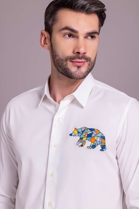 Amit Arora White Embroidery Bear Motif Shirt at Aza Fashions Amit Arora_White Embroidery Bear Motif Shirt _at_Aza_Fashions
