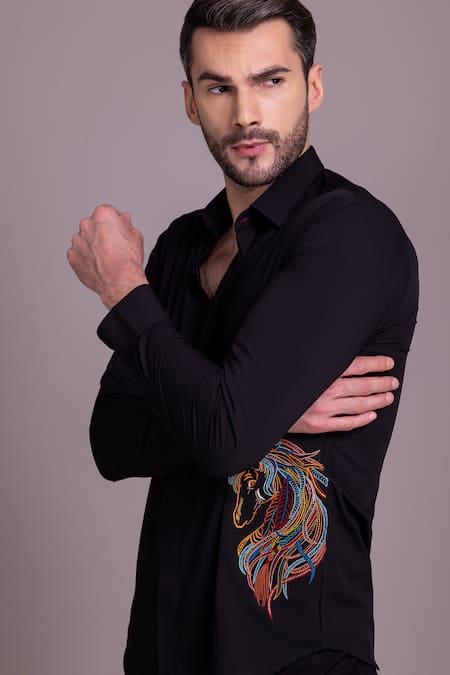 Buy Amit Arora Black Embroidery Horse Motif Shirt Online at Aza Fashions Buy_Amit Arora_Black Embroidery Horse Motif Shirt _Online_at_Aza_Fashions