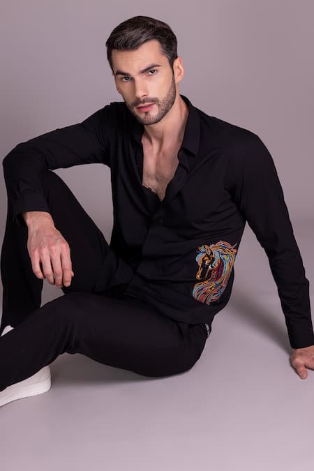 Buy Amit Arora Black Embroidery Horse Motif Shirt Buy_Amit Arora_Black Embroidery Horse Motif Shirt