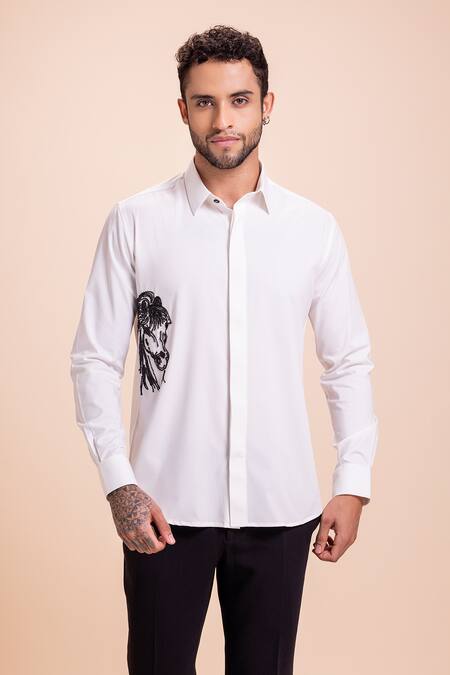 Buy Amit Arora White Cut Work Horse Motif Hand Embroidered Shirt Online at Aza Fashions Buy_Amit Arora_White Cut Work Horse Motif Hand Embroidered Shirt _Online_at_Aza_Fashions