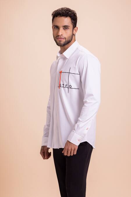 Amit Arora White Cotton Embroidery Letter Shirt Online at Aza Fashions Amit Arora_White Cotton Embroidery Letter Shirt_Online_at_Aza_Fashions