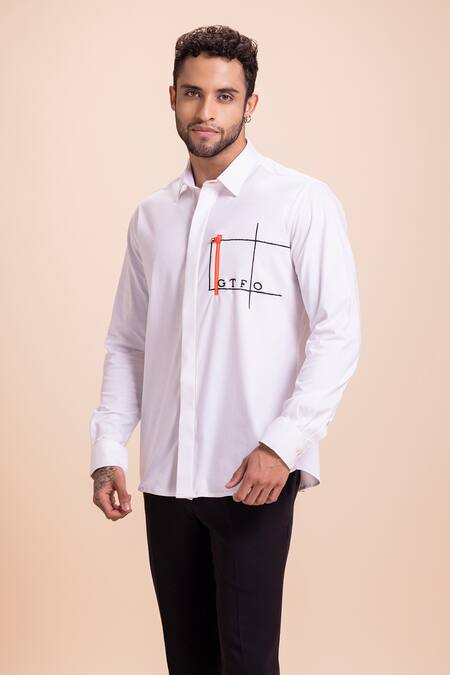 Shop Amit Arora White Cotton Embroidery Letter Shirt Online at Aza Fashions Shop_Amit Arora_White Cotton Embroidery Letter Shirt_Online_at_Aza_Fashions