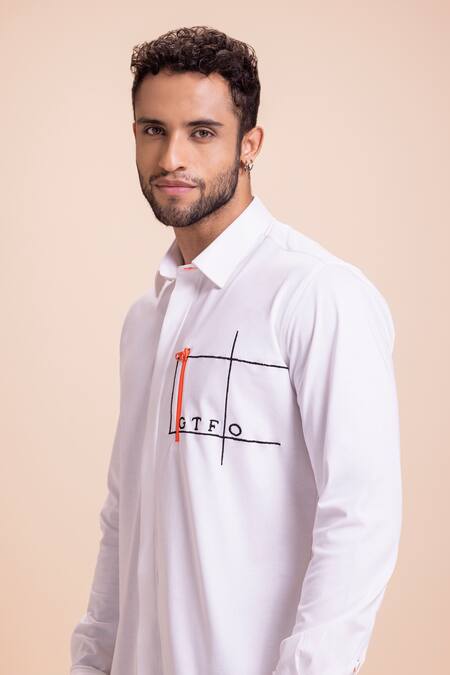 Amit Arora White Cotton Embroidery Letter Shirt at Aza Fashions Amit Arora_White Cotton Embroidery Letter Shirt_at_Aza_Fashions