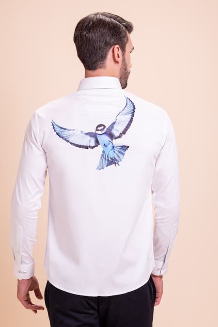 Shop Amit Arora White Cotton, Lycra Bird Motif Print Shirt at Aza Fashions Shop_Amit Arora_White Cotton, Lycra Bird Motif Print Shirt _at_Aza_Fashions
