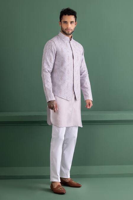 Buy_Amit Arora_Purple Silk Embroidery Floral Bundi Kurta Set_Online_at_Aza_Fashions