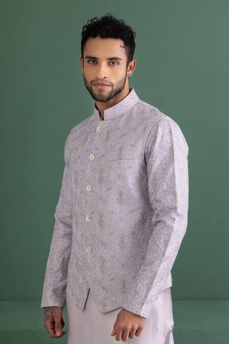 Amit Arora_Purple Silk Embroidery Floral Bundi Kurta Set_at_Aza_Fashions