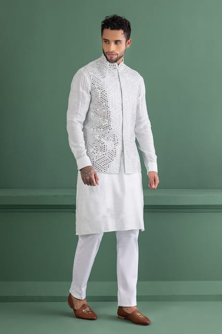 Shop_Amit Arora_Blue Linen, Silk, Cotton Mirrors Embroidered Bundi Kurta Set _at_Aza_Fashions