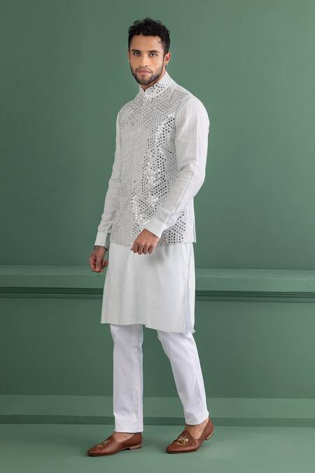 Buy_Amit Arora_Blue Linen, Silk, Cotton Mirrors Embroidered Bundi Kurta Set _Online_at_Aza_Fashions