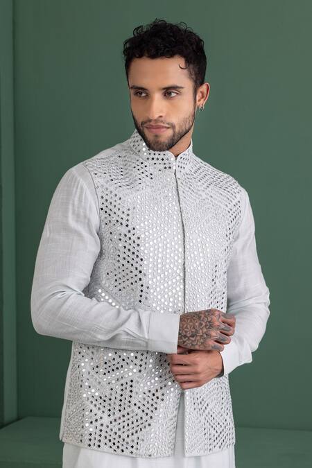 Shop_Amit Arora_Blue Linen, Silk, Cotton Mirrors Embroidered Bundi Kurta Set _Online_at_Aza_Fashions