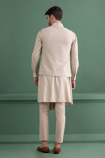 Shop_Amit Arora_Green Linen, Silk, Cotton, Modal Mirrors Embroidered Bundi Kurta Set _at_Aza_Fashions