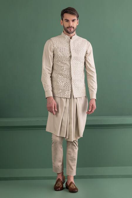 Amit Arora_Green Linen, Silk, Cotton, Modal Mirrors Embroidered Bundi Kurta Set _Online_at_Aza_Fashions