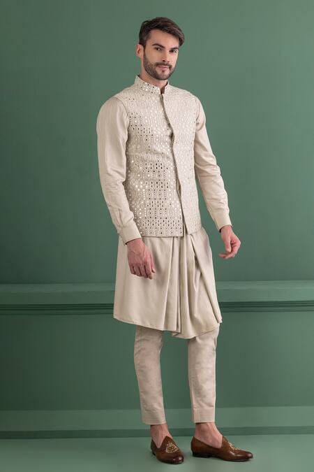 Shop_Amit Arora_Green Linen, Silk, Cotton, Modal Mirrors Embroidered Bundi Kurta Set _Online_at_Aza_Fashions