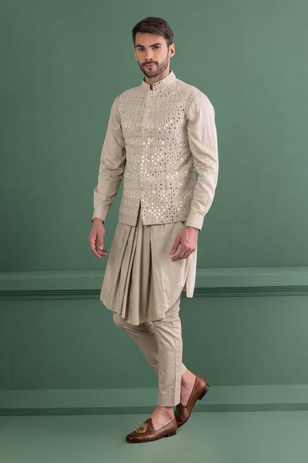 Amit Arora_Green Linen, Silk, Cotton, Modal Mirrors Embroidered Bundi Kurta Set _at_Aza_Fashions