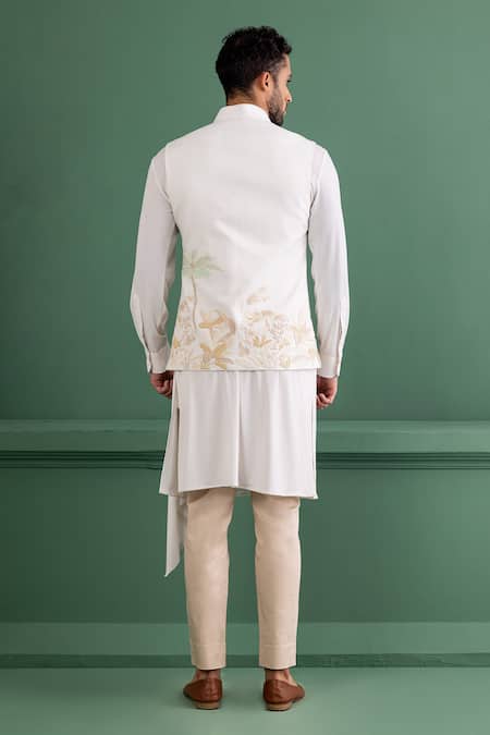 Shop Amit Arora Ivory Kota Doria, , Modal, Satin Embroidery Palm Tree Bundi Set at Aza Fashions Shop_Amit Arora_Ivory Kota Doria, , Modal, Satin Embroidery Palm Tree Bundi Set _at_Aza_Fashions