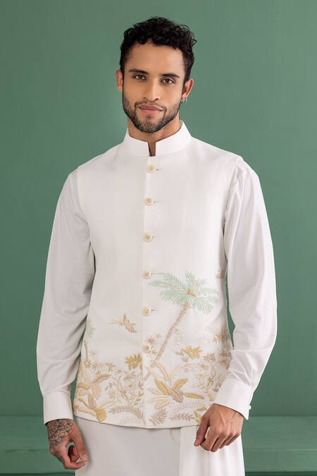 Shop Amit Arora Ivory Kota Doria, , Modal, Satin Embroidery Palm Tree Bundi Set Online at Aza Fashions Shop_Amit Arora_Ivory Kota Doria, , Modal, Satin Embroidery Palm Tree Bundi Set _Online_at_Aza_Fashions