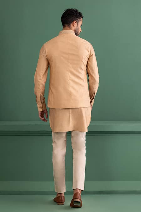 Shop Amit Arora Peach Denim, Cotton, Silk Embroidery Regal Floral Bundi Kurta Set at Aza Fashions Shop_Amit Arora_Peach Denim, Cotton, Silk Embroidery Regal Floral Bundi Kurta Set _at_Aza_Fashions