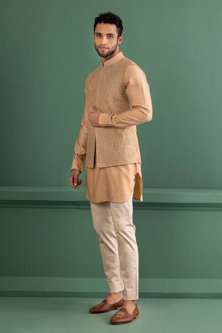 Shop Amit Arora Peach Denim, Cotton, Silk Embroidery Regal Floral Bundi Kurta Set Online at Aza Fashions Shop_Amit Arora_Peach Denim, Cotton, Silk Embroidery Regal Floral Bundi Kurta Set _Online_at_Aza_Fashions