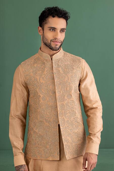 Buy Amit Arora Peach Denim, Cotton, Silk Embroidery Regal Floral Bundi Kurta Set Buy_Amit Arora_Peach Denim, Cotton, Silk Embroidery Regal Floral Bundi Kurta Set