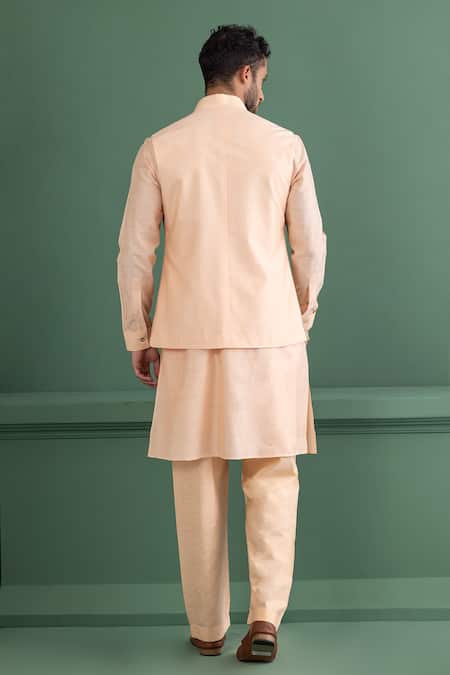 Shop_Amit Arora_Peach Silk, Chanderi, Cotton Embroidery, Metallic Embellished Bundi Kurta Set _at_Aza_Fashions