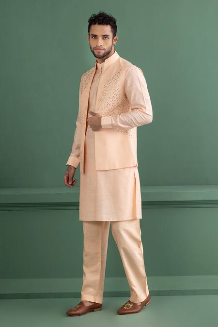 Buy_Amit Arora_Peach Silk, Chanderi, Cotton Embroidery, Metallic Embellished Bundi Kurta Set _Online_at_Aza_Fashions