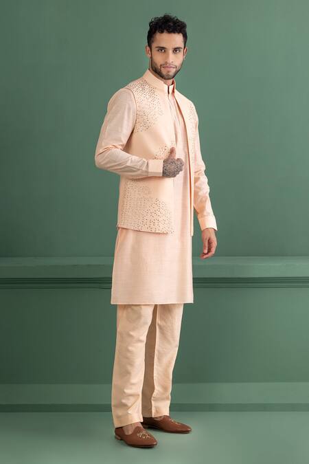 Shop_Amit Arora_Peach Silk, Chanderi, Cotton Embroidery, Metallic Embellished Bundi Kurta Set _Online_at_Aza_Fashions