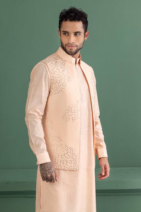 Amit Arora_Peach Silk, Chanderi, Cotton Embroidery, Metallic Embellished Bundi Kurta Set _at_Aza_Fashions