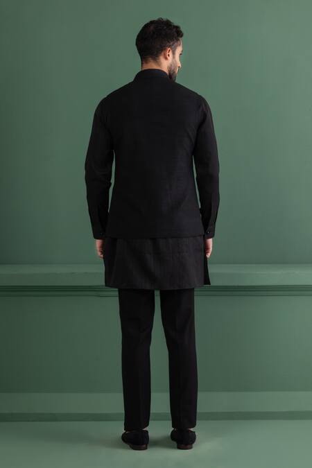 Shop_Amit Arora_Black Silk, Cotton Metallic Thread Tonal Embellished Bundi Kurta Set _at_Aza_Fashions