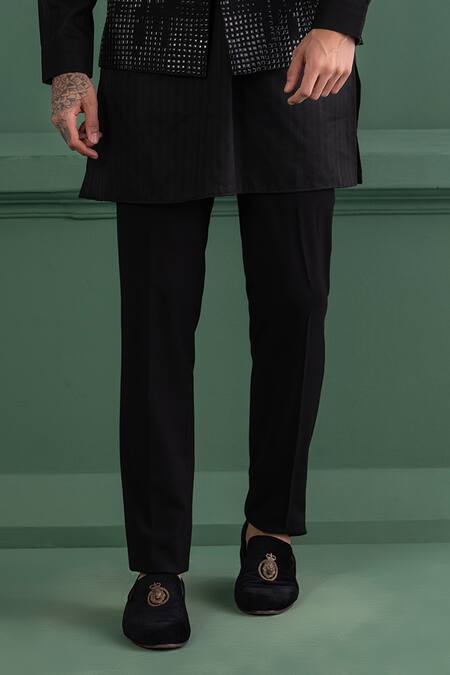 Amit Arora_Black Silk, Cotton Metallic Thread Tonal Embellished Bundi Kurta Set _Online_at_Aza_Fashions