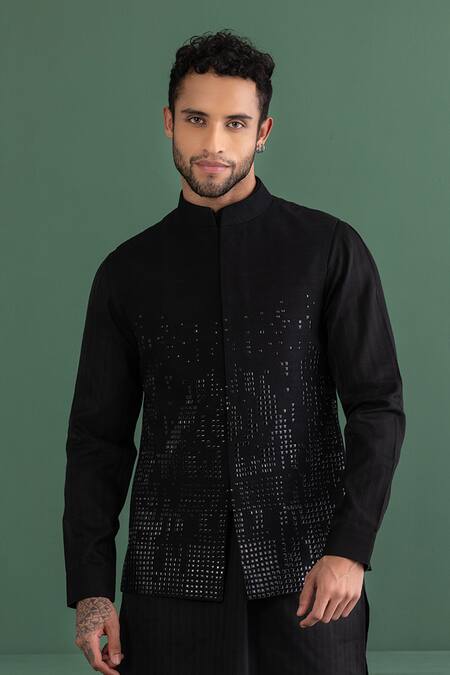Buy_Amit Arora_Black Silk, Cotton Metallic Thread Tonal Embellished Bundi Kurta Set _Online_at_Aza_Fashions