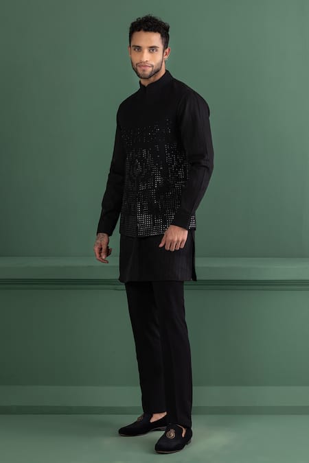 Shop_Amit Arora_Black Silk, Cotton Metallic Thread Tonal Embellished Bundi Kurta Set _Online_at_Aza_Fashions