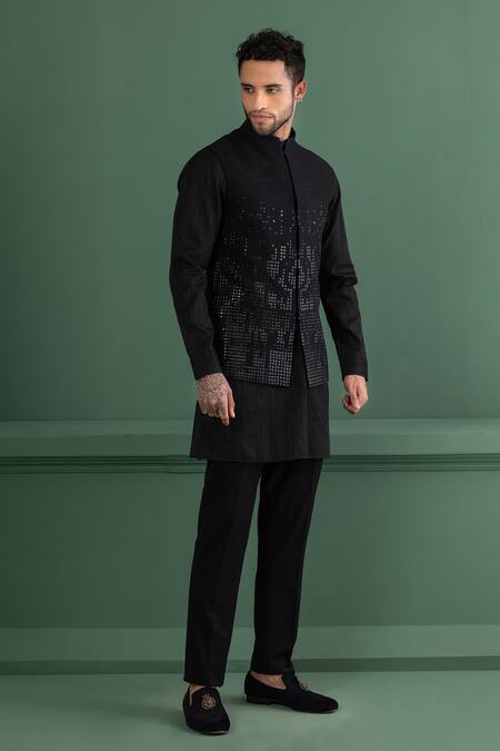 Amit Arora_Black Silk, Cotton Metallic Thread Tonal Embellished Bundi Kurta Set _at_Aza_Fashions
