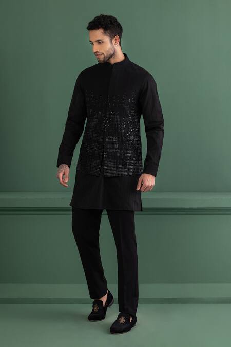 Buy_Amit Arora_Black Silk, Cotton Metallic Thread Tonal Embellished Bundi Kurta Set 