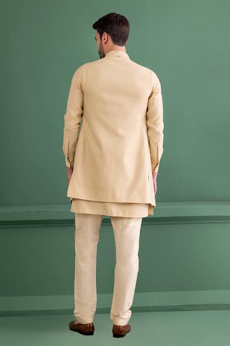 Shop Amit Arora Gold Silk, Jacquard, Cotton Mirrors Butti Embroidered Bundi Kurta Set at Aza Fashions Shop_Amit Arora_Gold Silk, Jacquard, Cotton Mirrors Butti Embroidered Bundi Kurta Set _at_Aza_Fashions