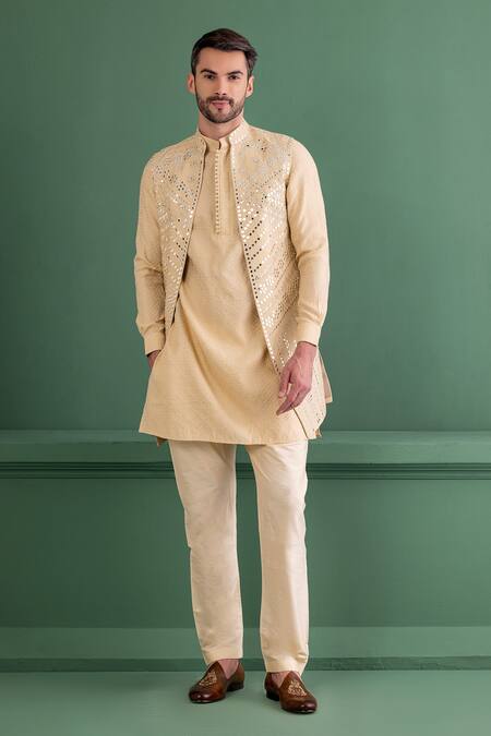 Amit Arora Gold Silk, Jacquard, Cotton Mirrors Butti Embroidered Bundi Kurta Set Online at Aza Fashions Amit Arora_Gold Silk, Jacquard, Cotton Mirrors Butti Embroidered Bundi Kurta Set _Online_at_Aza_Fashions