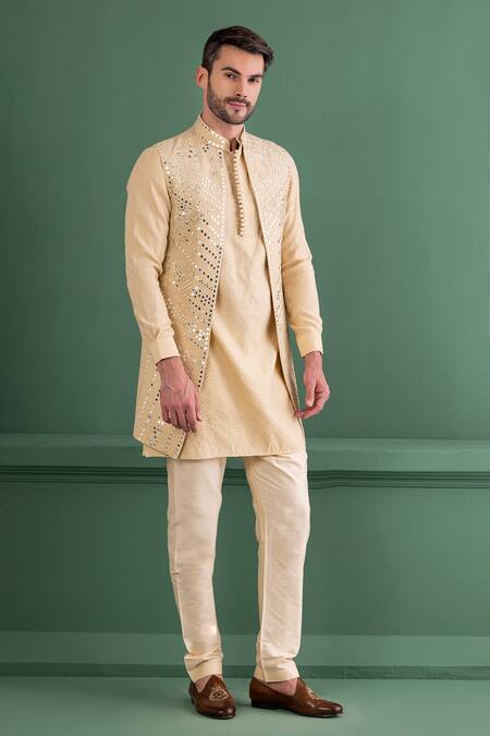 Shop Amit Arora Gold Silk, Jacquard, Cotton Mirrors Butti Embroidered Bundi Kurta Set Online at Aza Fashions Shop_Amit Arora_Gold Silk, Jacquard, Cotton Mirrors Butti Embroidered Bundi Kurta Set _Online_at_Aza_Fashions