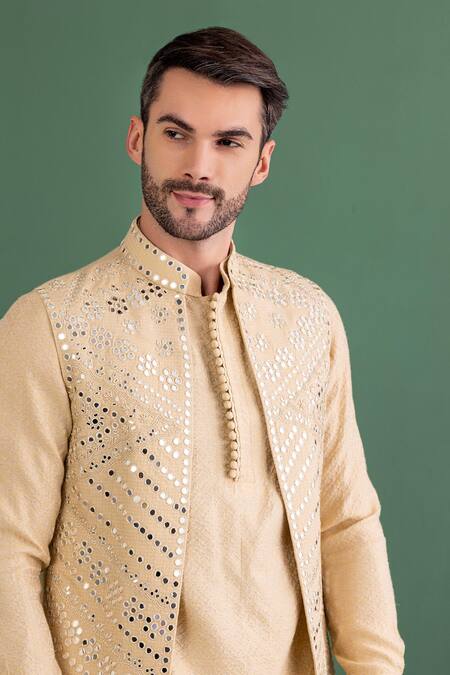 Amit Arora Gold Silk, Jacquard, Cotton Mirrors Butti Embroidered Bundi Kurta Set at Aza Fashions Amit Arora_Gold Silk, Jacquard, Cotton Mirrors Butti Embroidered Bundi Kurta Set _at_Aza_Fashions