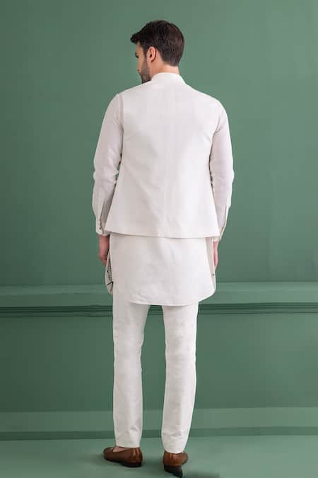Shop_Amit Arora_Ivory Silk, Cotton Embroidery Bundi Kurta Set _at_Aza_Fashions
