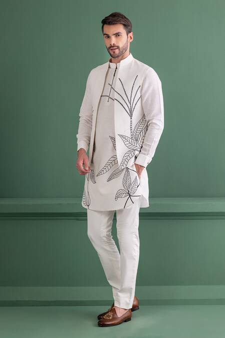 Buy_Amit Arora_Ivory Silk, Cotton Embroidery Bundi Kurta Set _Online_at_Aza_Fashions